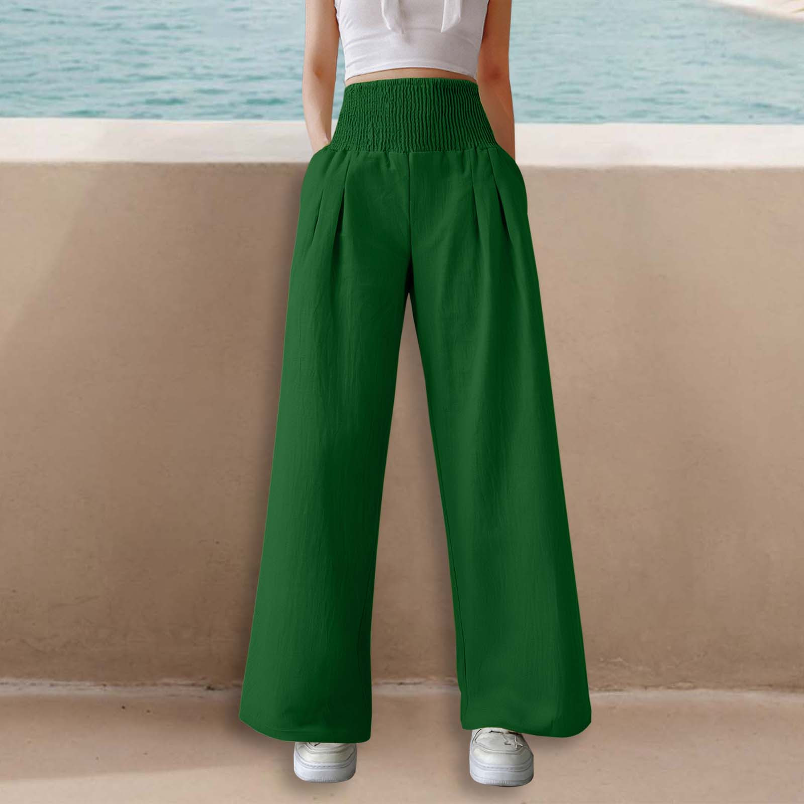 thumbnail image 2 of Pantalones anchos de cintura alta para mujer: elásticos, de color liso, con bolsillos y cinturón, para llevar a diario de forma informal. Tallas: M-XXXL., 2 of 5